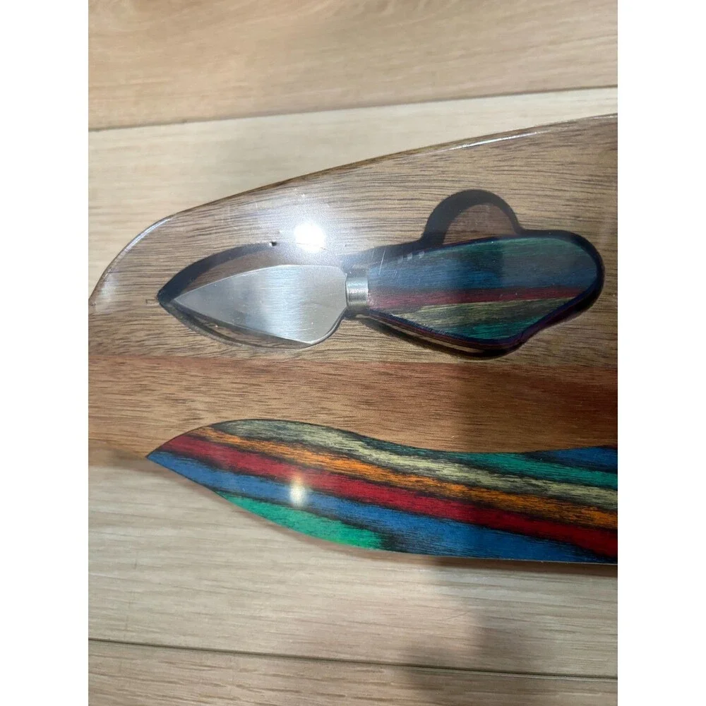 American Native Wood Cheese Board Set with Inset Multi-Color Slicer Knives